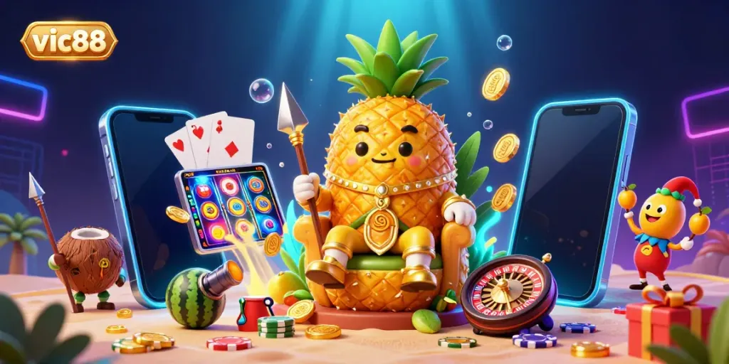 Engage with vic88's vibrant casino scene featuring a golden pineapple king amidst rich slot gaming elements.