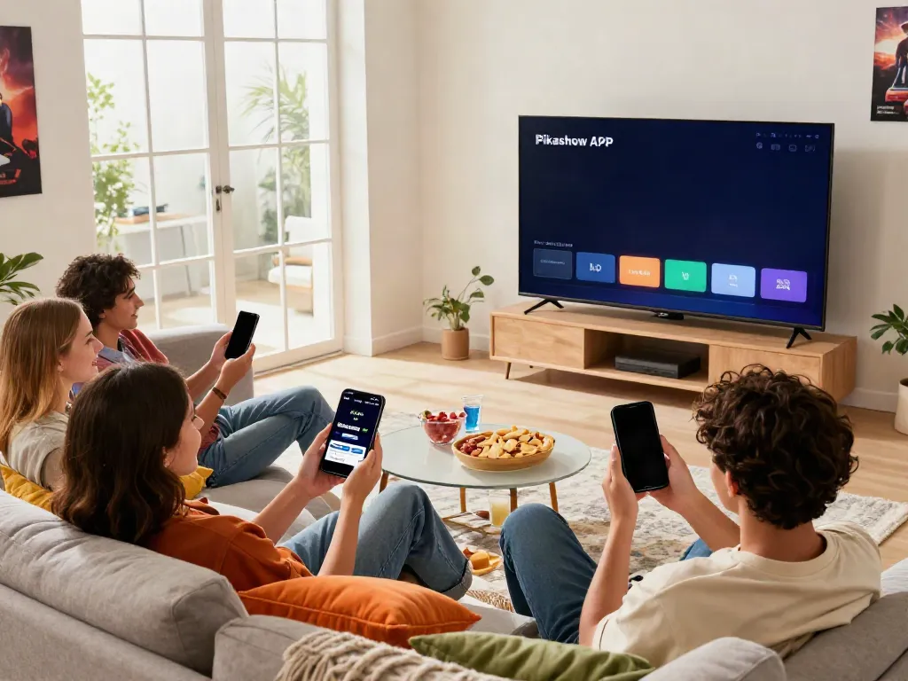 Friends enjoying a movie night with Pikashow APK on TV.