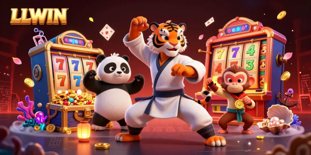 LLWIN slot-themed 3D illustration showcasing a kung fu tiger, panda, and monkey amidst vibrant casino elements.