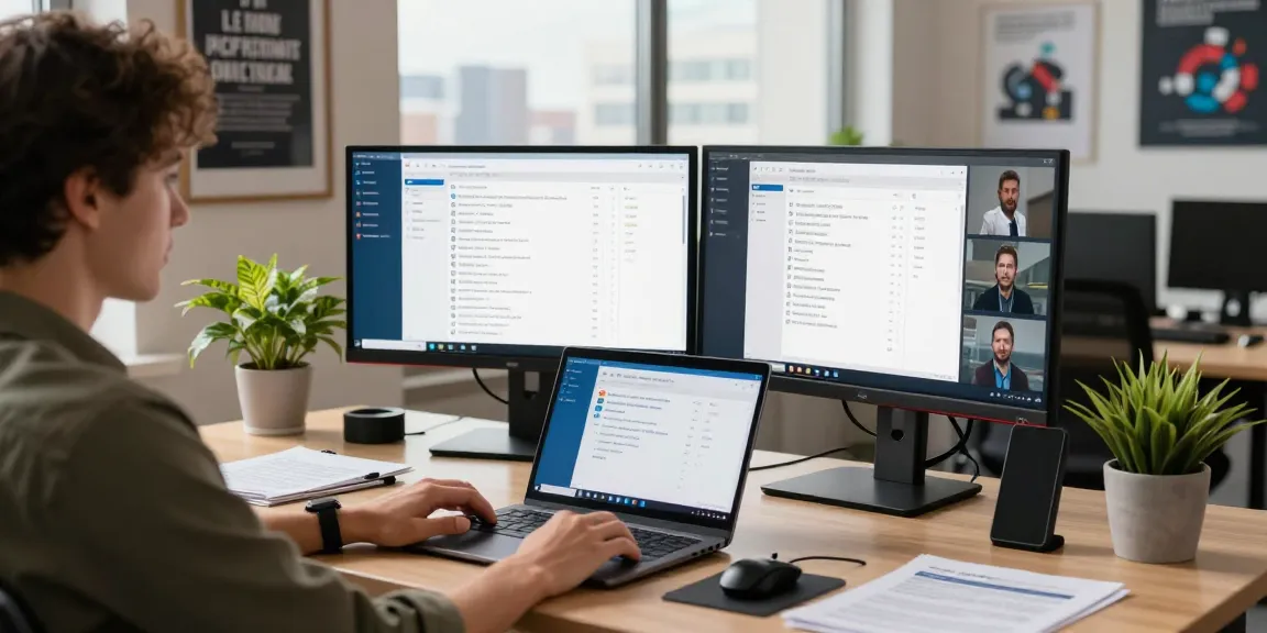 Professional using Telegram Web Version on a laptop in a modern office.