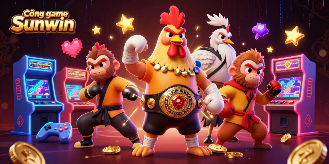 Engage with the Cổng game Sunwin through dynamic characters and colorful arcade elements in a vibrant 3D casino scene.