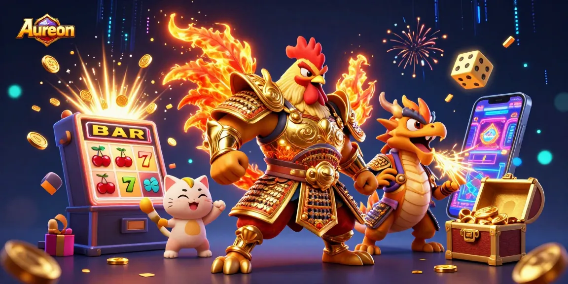 Aureon offers an exciting 3D illustration featuring roaring wins from slot games and dynamic casino elements.